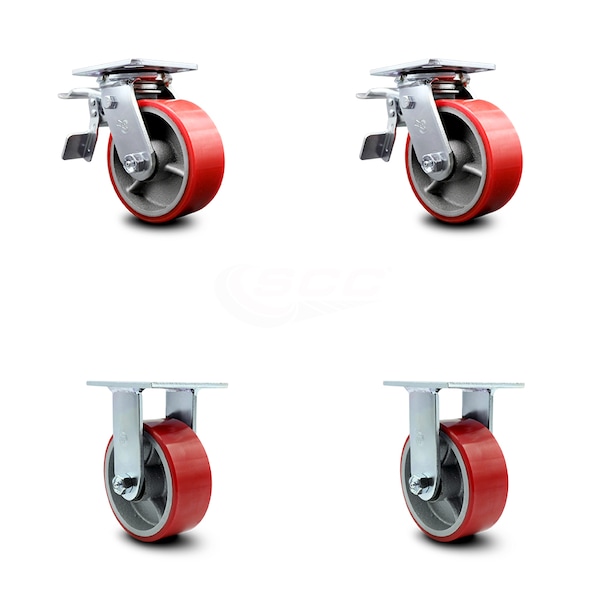 5 Inch Red Poly on Cast Iron Caster Set with Roller Bearings 2 Brakes 2 Rigid